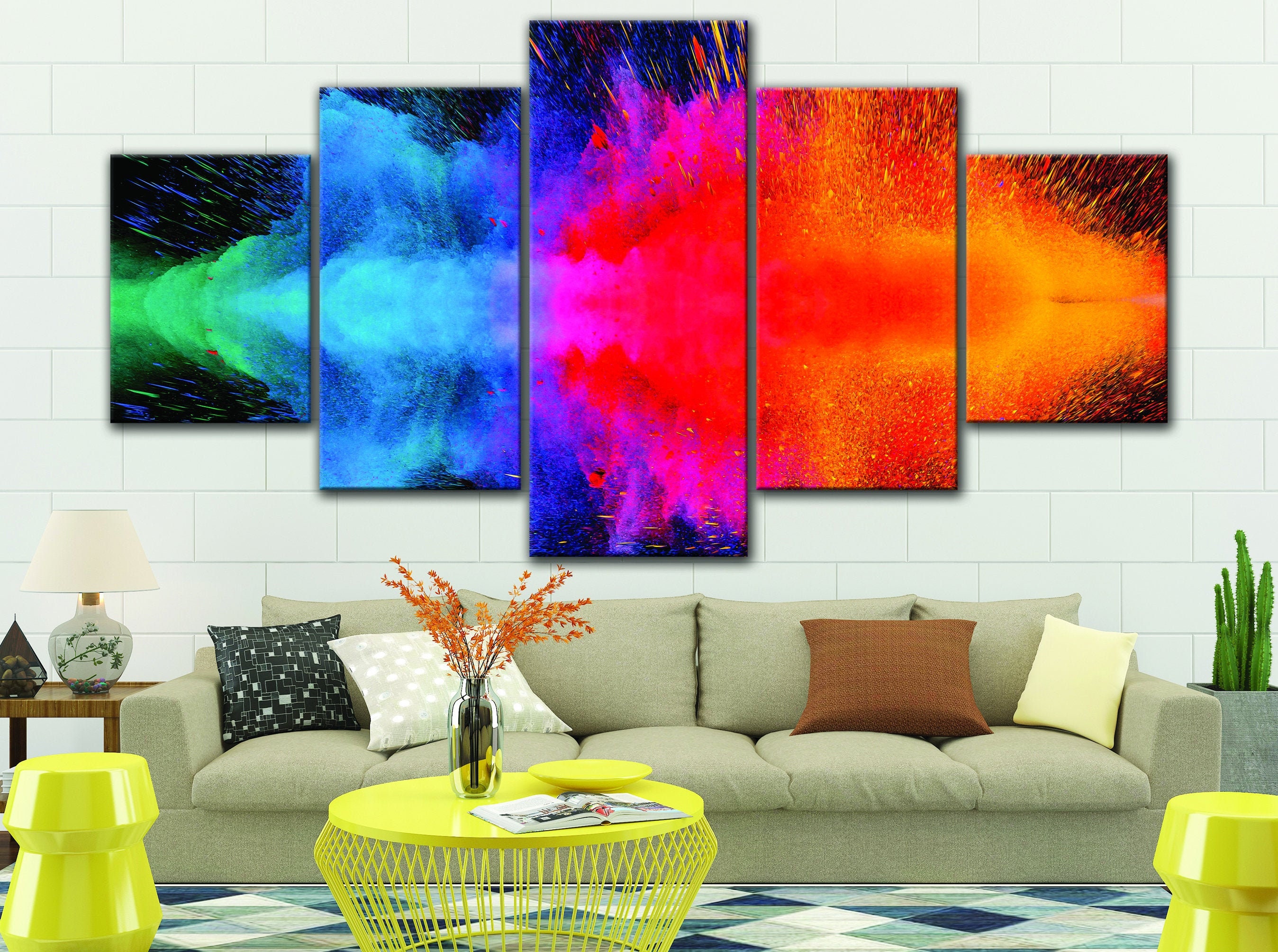 Large Abstract Wall Art Colors Splash Canvas Art 5 Panels | Etsy