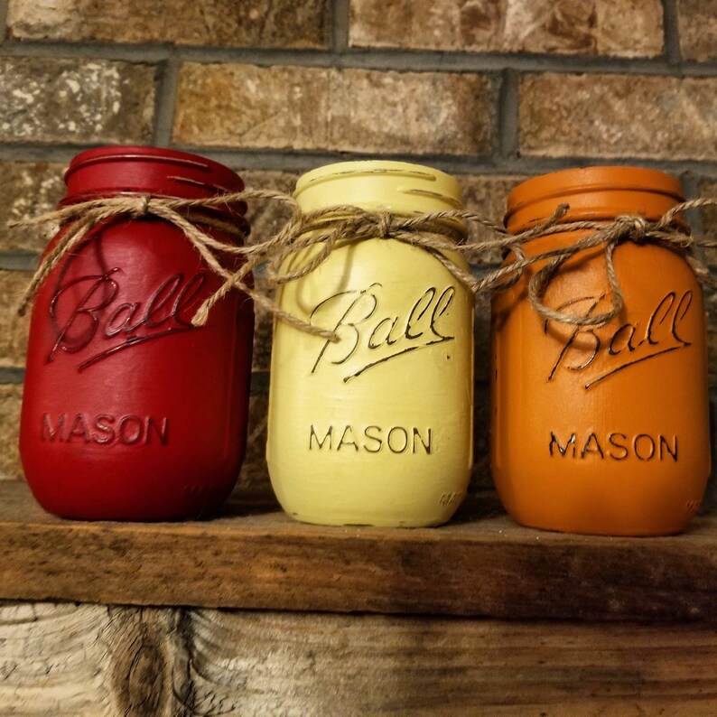 Fall Colors Mason Jar Set Painted Jars Colorful Thanksgiving Etsy