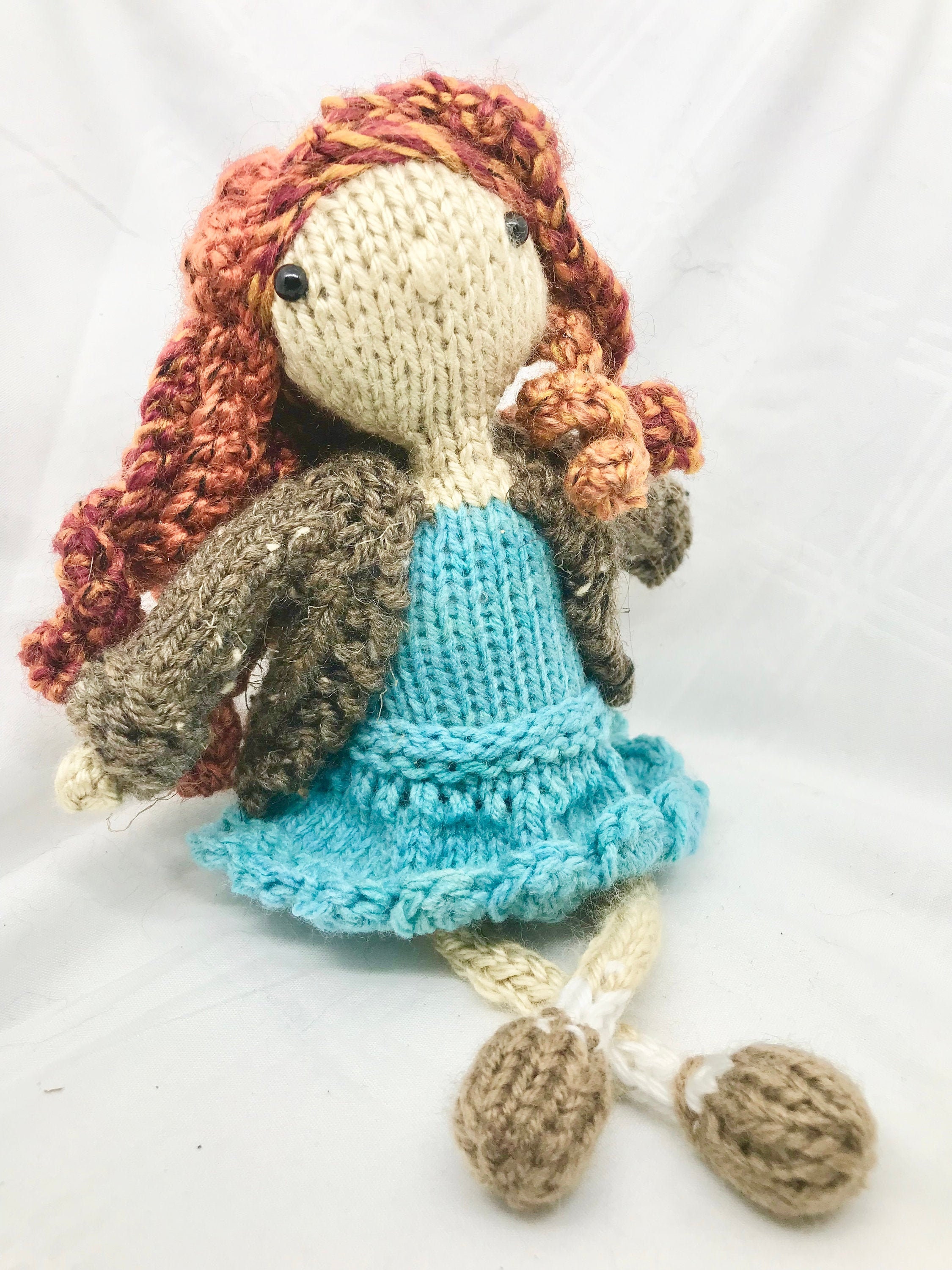 Red Headed Knit Doll with Brown Cardigan and Teal Dress Red Headed Knit Doll with Brown Cardigan and Teal Dress