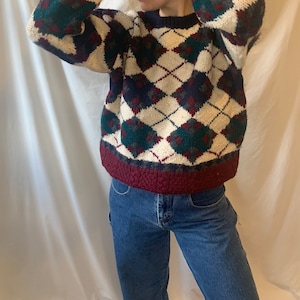 Vintage Hand Knit Navy Maroon & Green Chunky Plaid Sweater by Blume Vintage