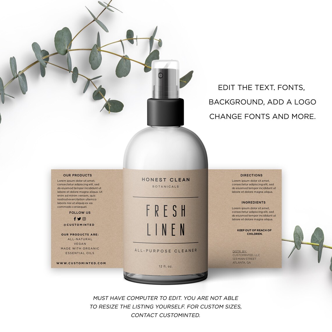 Natural cleaning product label 7 x 3 spray bottle Etsy