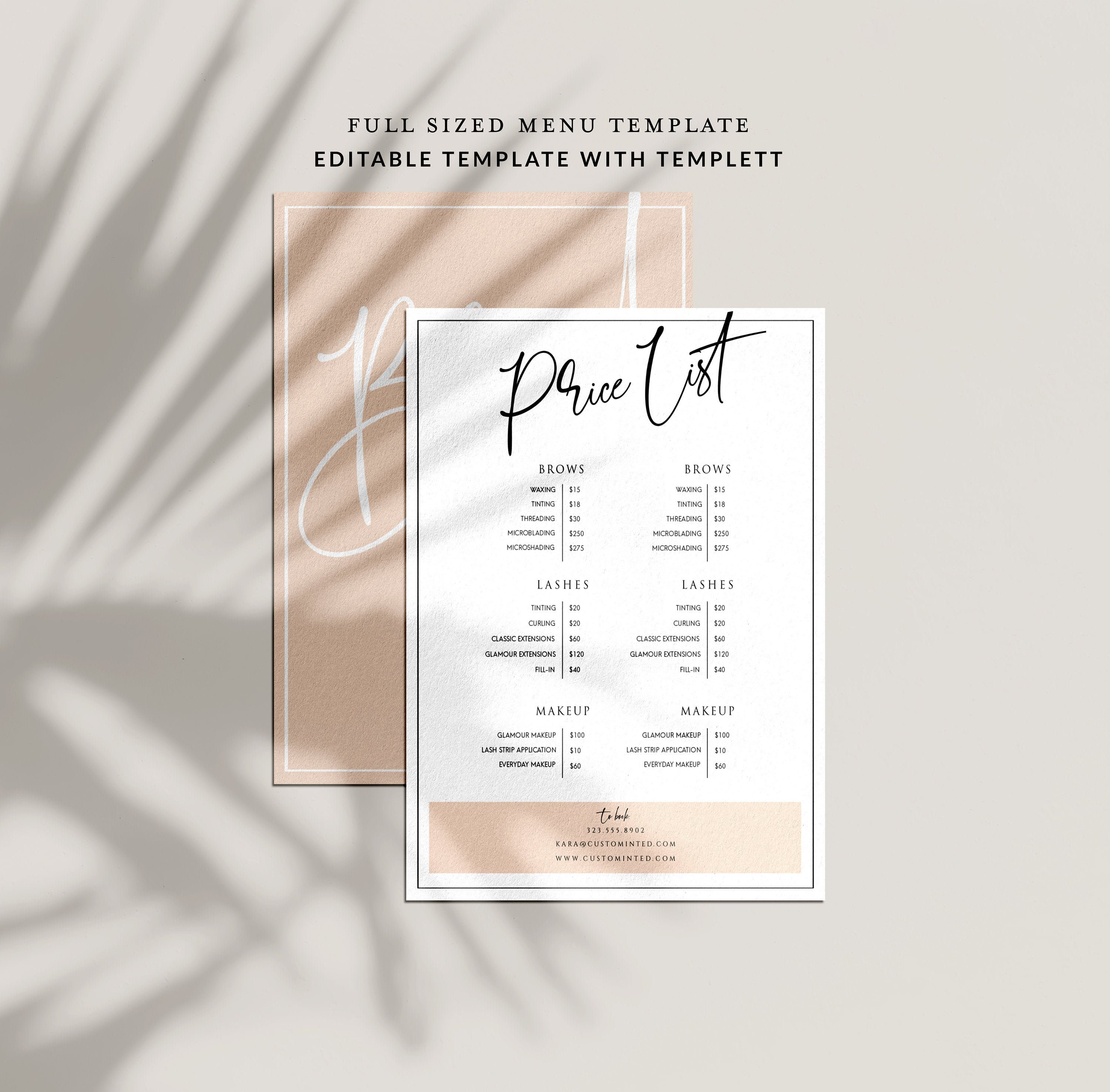 Full Sized Menu Template - Salon Menu, Spa Menu Lash Menu Templett DIY  Editable Inside Salon Menu Templates