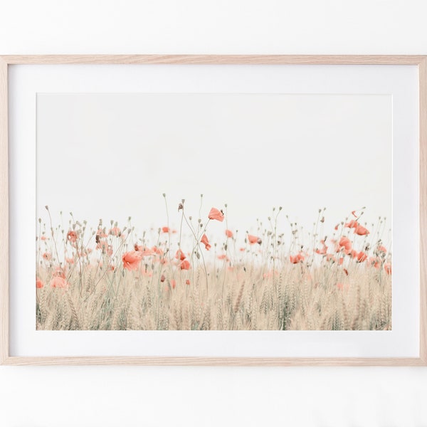 Poppy Flower Print, Wildflowers Art, Botanical Wall Art, Poppy Wall Decor, Printable Art, Digital Download, Horizontal Flowers Print