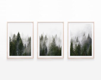 Tryptyk „Mglisty las”, sztuka ścienna „Natura” (pobranie cyfrowe)