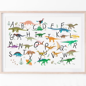 Dinosaurier Alphabet Print, Dinosaurier Kinderzimmer Wandkunst, Kinderzimmer Dekor, Spielzimmer Poster, Kleinkind lernen, Alphabet printable