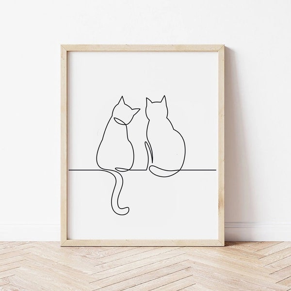 Cats Wall Art, Silhouette Art, Ink Drawing, Sitting Cats, Animal Print, Cat Printable, Digital Download, Printable Wall Art