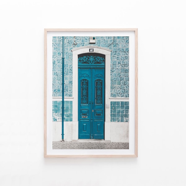 Lisbon Door Wall Art, Blue Tile Door, Rustic Wall Decor, Lisbon Photography, Digital Print, Portuguese Architecture