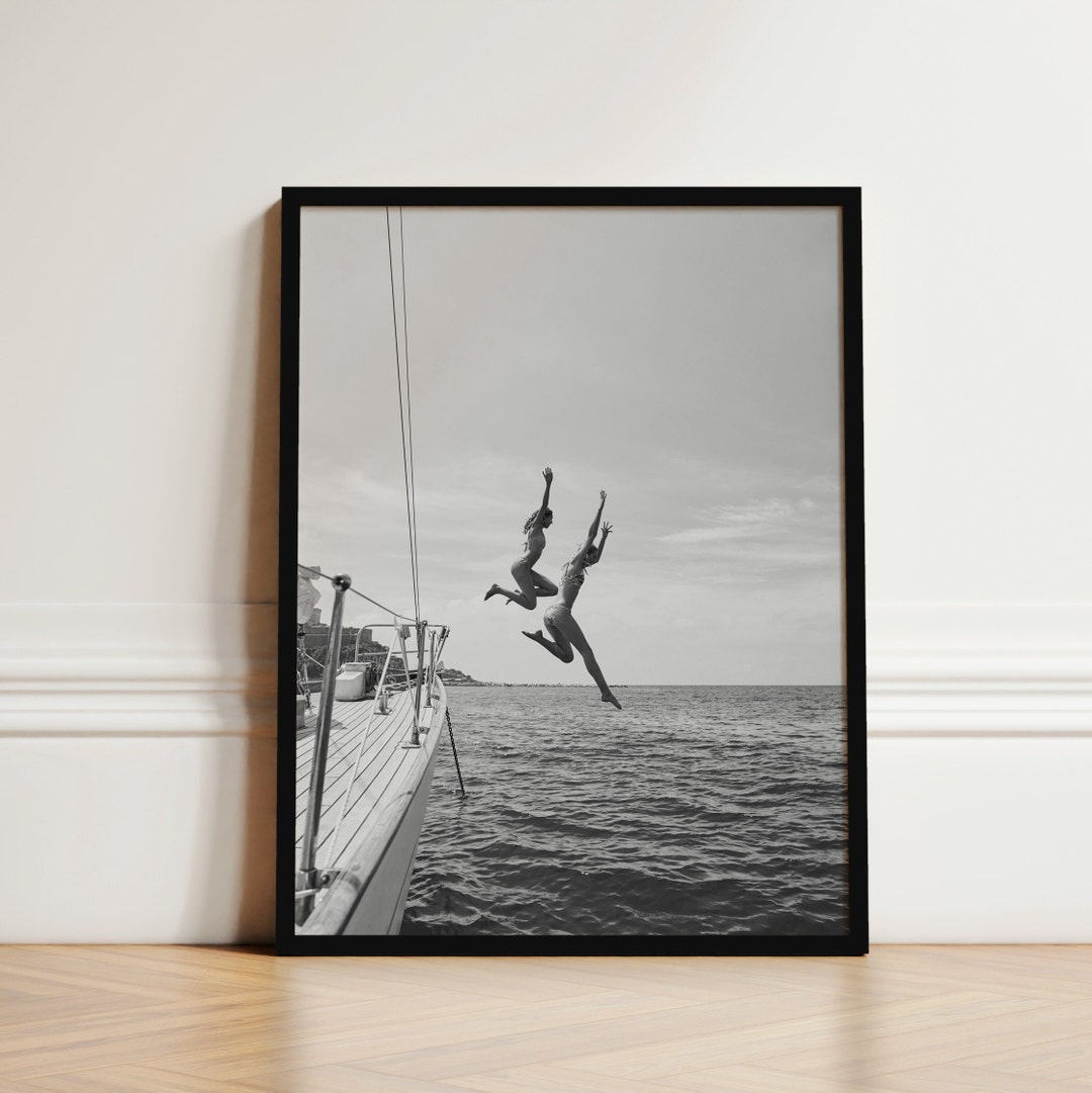 Black and White Boat Jump Print, Coastal Photography, Digital Download