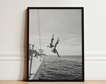 Black and White Boat Jump Print, Coastal Photography, Digital Download