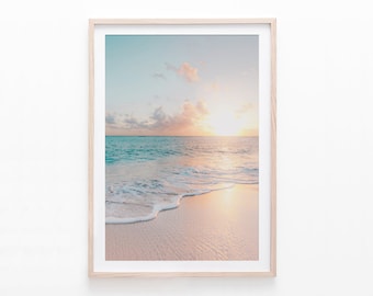 Sunset Beach Print, Coastal Wall Art, Pastel Ocean Photography, Tropical Digital Download