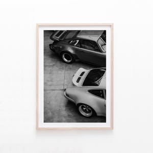 Porsche Car Print, Retro Garage Photography, Black and White Wall Art, Digital Download