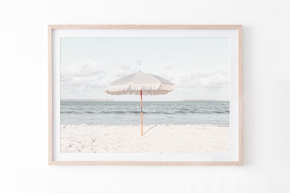 Beach Umbrella Print, Minimal Coastal Wall Art, Neutral Seaside Photography Download