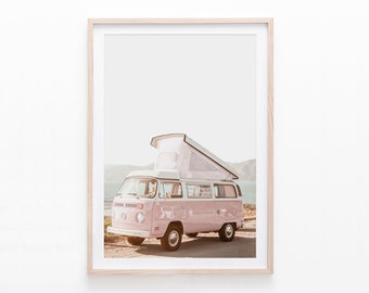 Pink Camper Van Print, Retro Coastal Wall Art, Beach Photography Download