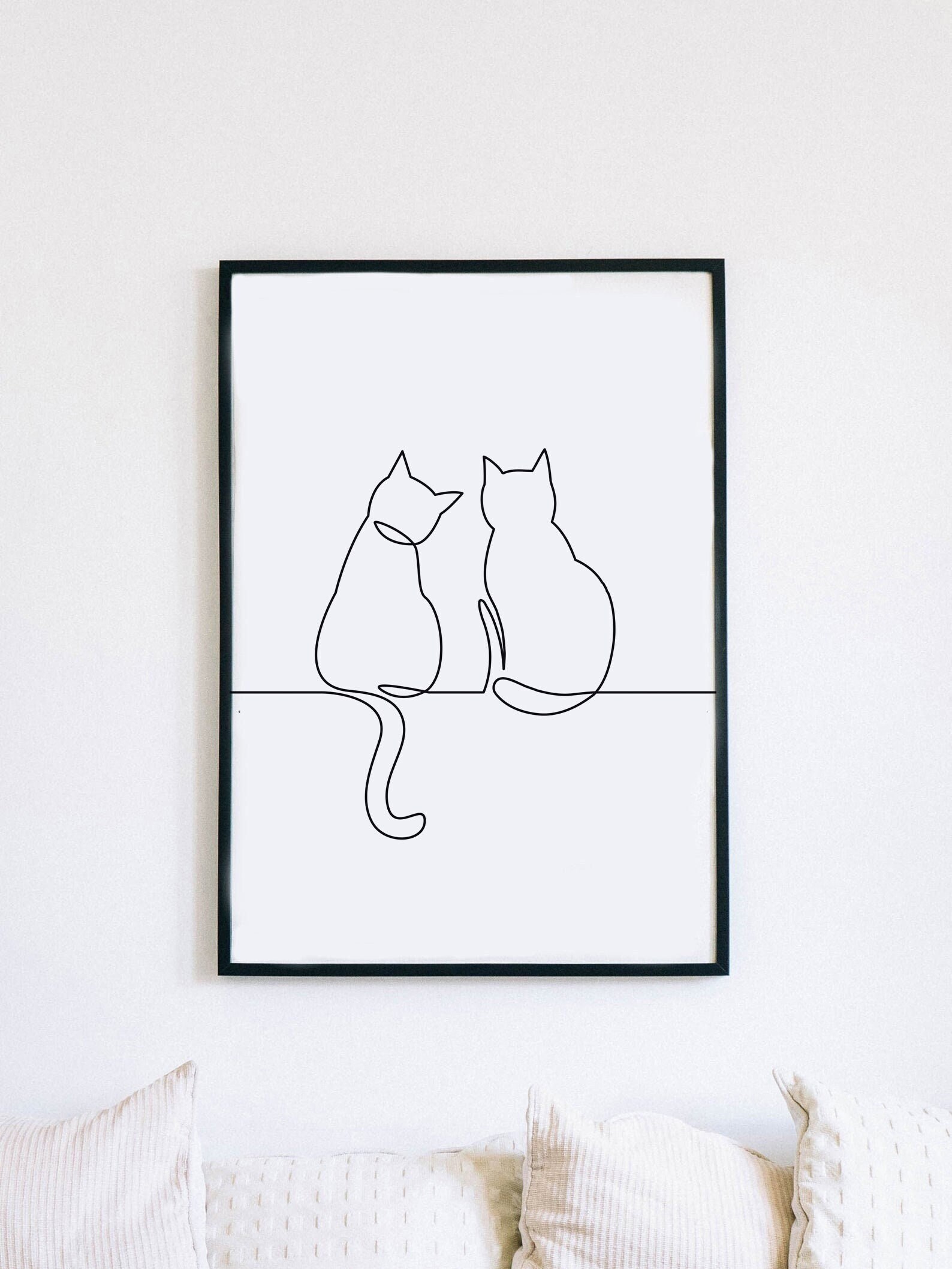 Cats Wall Art, Silhouette Art, Ink Drawing, Sitting Cats, Animal