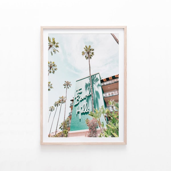 Beverly Hills Hotel Print, California Wall Art, Retro Palm Tree Print, Beverly Hills Hotel Wall Decor, Pink and Green Art, Hotel Poster