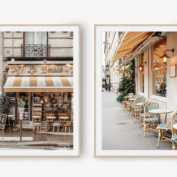 Paris Wall Art Set of 2 - Cafe and Architecture Prints, Paris Poster, French Cityscape, Printable and Digital Download