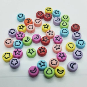 50 Assorted Acrylic Round Beads: Moon, Stars, Hearts, Flowers (7mm)