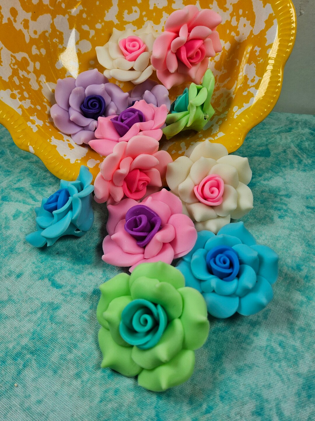 New 5 Polymer Clay Fimo Flowers Roses Beads 35mm Assorted Colors Kawaii ...