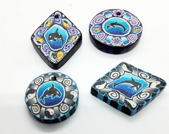 4 Polymer Clay Fimo Beads Round Pendants Whale