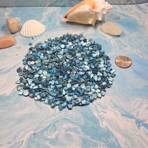 May include: A pile of small, iridescent blue-green shell chips. The chips are scattered on a light blue and white marbled surface, with a seashell, small stones, and a coin nearby. The shells have a pearlescent sheen.
