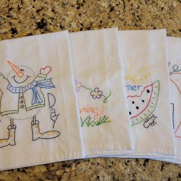 Adorable 4 Seasons Hand Embroidered Tea Towels, Primitive Designs, Flour Sack, 100% Cotton