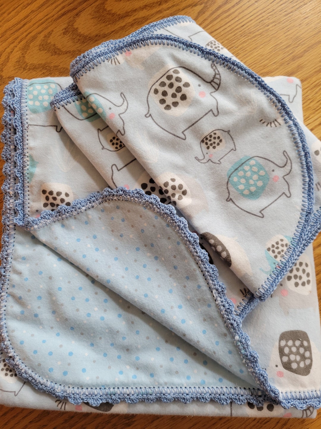 Flannel Baby Blanket Hemstitched With Crocheted Edge With 2 Burps