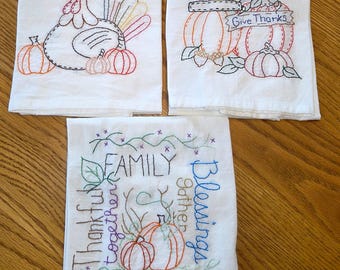 Adorable Hand Embroidered Tea Towels THANKSGIVING Designs. Primitive and Rustic Designs