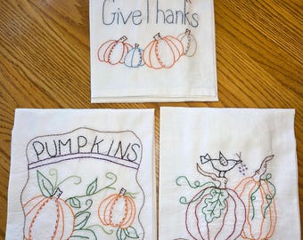 Adorable Hand Embroidered Tea Towels FALL/THANKSGIVING Designs. Primitive and Rustic Designs