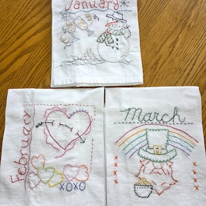 Adorable Hand Embroidered Tea Towels ONE A MONTH CALENDAR Designs. Primitive and Rustic Designs