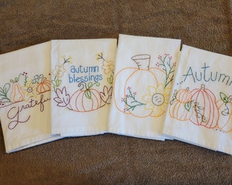 Adorable Fall Hand Embroidered Tea Towels, Primitive Designs, Flour Sack, 100% Cotton