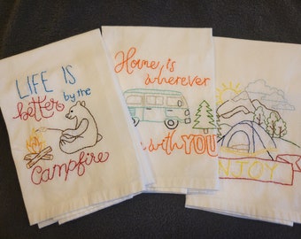 Adorable Camping Themed Hand Embroidered Tea Towels Primitive Designs Flour Sack 100% Cotton