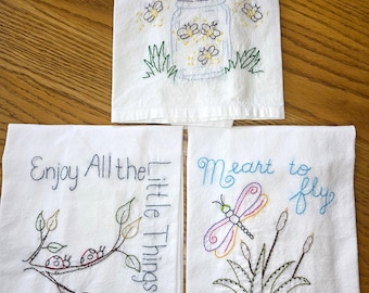 Adorable Hand Embroidered Tea Towels SMALL CREATURES Designs. Primitive and Rustic Designs