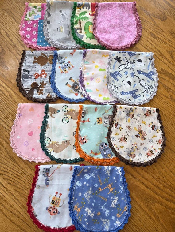 Baby Burp Cloths Flannel Double Sided with Crocheted Edge. Mini size