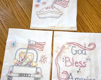 Adorable Hand Embroidered Tea Towels 4th of July Designs. Primitive and Rustic Designs