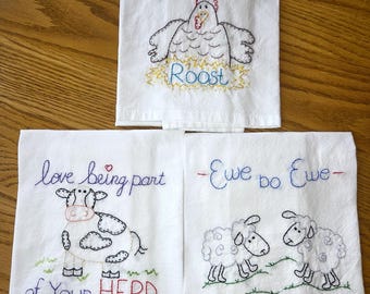 Adorable Hand Embroidered Tea Towels FARM SIGNS Designs. Primitive and Rustic Designs