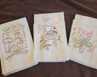 Adorable Christmas Hand Embroidered Tea Towels, Primitive Designs, Flour Sack, 100% Cotton