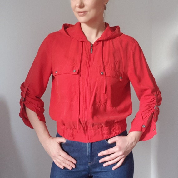 Betty Barclay Red Silk Hooded Bomber Jacket - image 7