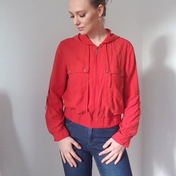 Betty Barclay Red Silk Hooded Bomber Jacket