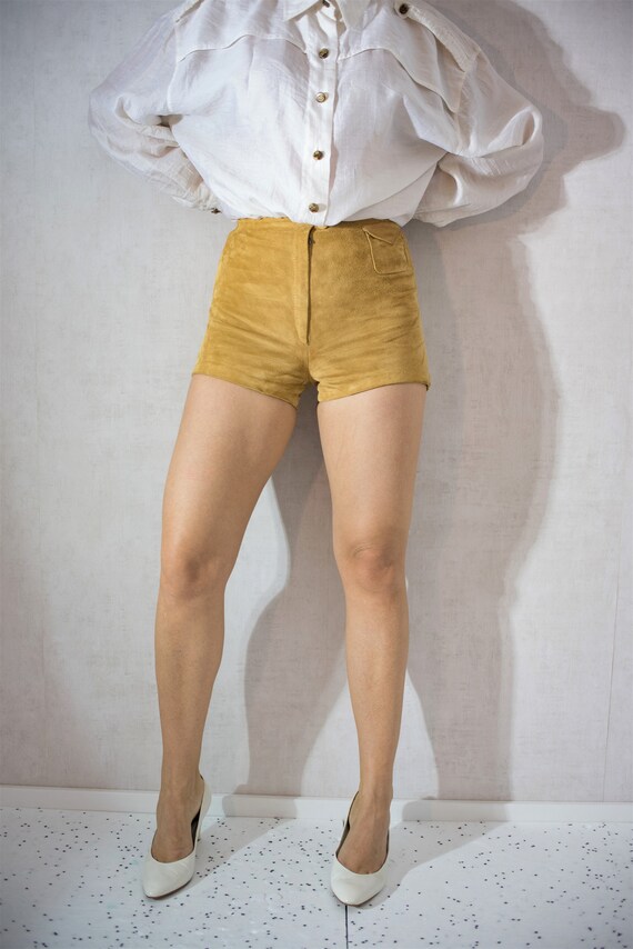 Vintage High Waist Yellow Shorts,Vintage Suede Lea