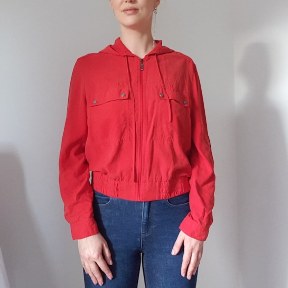 Betty Barclay Red Silk Hooded Bomber Jacket - image 3