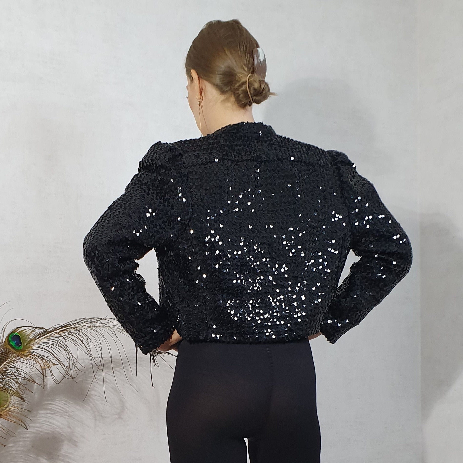 Vintage Black Sequin Cropped Bolero Jacket by Yvette Creation Etsy