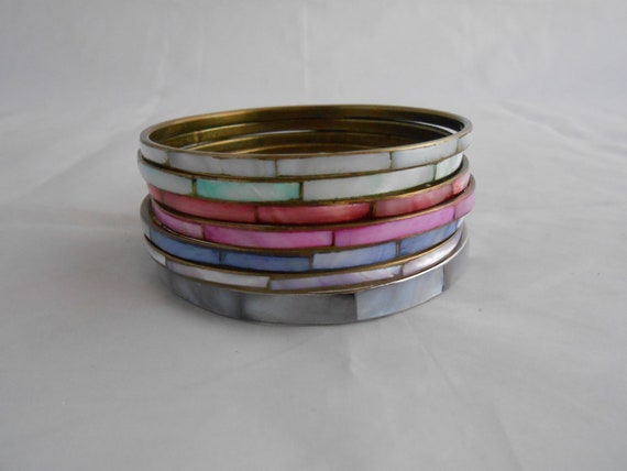 Vintage Mother Of Pearl Bangle Bracelets, Lot Of … - image 1