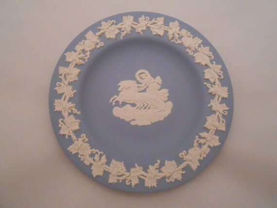 Vintage Wedgwood Jasperware Blue Round Plate, Chariot and Vines Design, Trinket