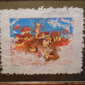 Yankel Ginzburg Carta di riso giapponese Xilografia "Il villaggio" Prova d'artista, incorniciata