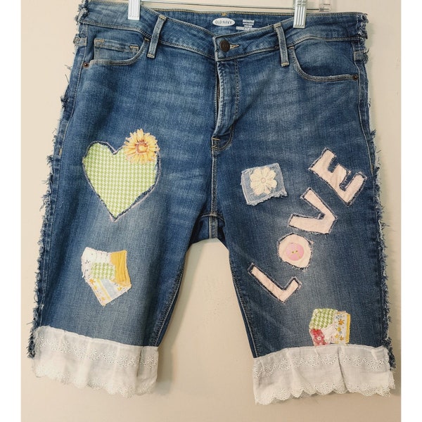 Upcycled shorts cut out heart words letters patches art lace applique stitched denim distressed pants jeans