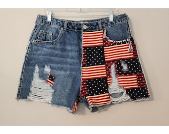 Upcycled Mom Patriotic Flag Stars strips denim forth July distressed sewn handmade redone summer shorts