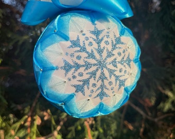 Teal snowflake quilted ribbon ball ornament