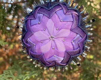 Twilight Queen Quilted Ribbon Beaded Ball Ornament