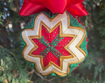 Cottage Holiday quilted ribbon ball ornament