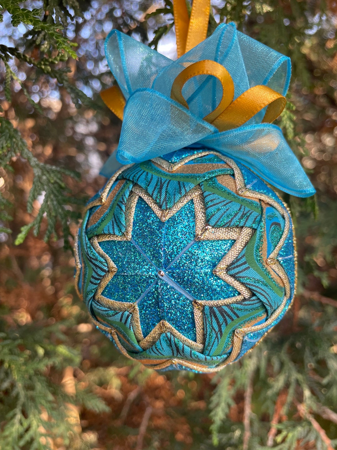 Pe Ribbon Balls Peacock Quilted Ribbon Ball Ornament/ Feather/ Jasmine/ Aqua/ Gold - Etsy